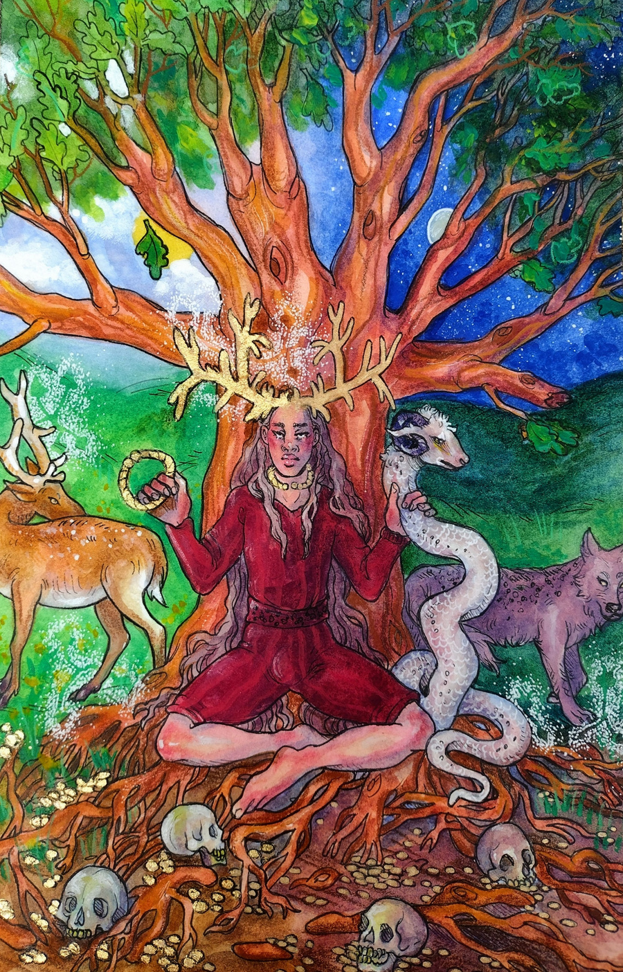 An antlered man sits cross-legged beneath an oak tree. The sky is split down the middle, one side day time, the other night. The figure holds in one hand a metal armband, and in the other a large white snake.  A deer and a wolf flank him respectively