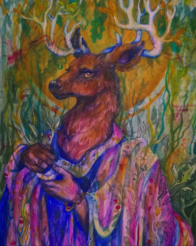 Portrait of a stag with humanoid features such as an upright posture and hands. he wears a flowing blue and magenta cloak that is covered in various foliage patterns. The background is abstracted leaves in green and yellow. He is looking to the left.