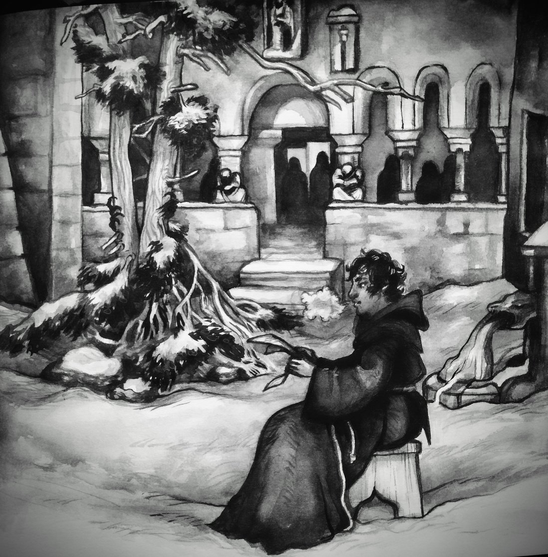 Black and white painting. In the foreground a monk sits on a wooden stool and reads. There is snow on the ground and covering the stone building behind him. An ever green tree and dark robed figures dot the background.