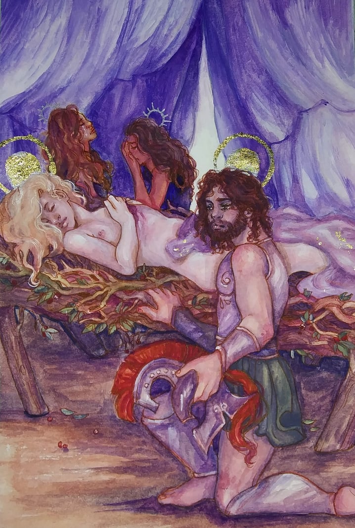 Aeneas sits on his knees by Pallas' bedside. Pallas lays on a bed made of woven branches and is clutches a wound on his chest. Aeneas is armoured and holds his helmet, looking distraught. Two crying women are seated in the background. 