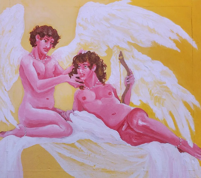 Two figures sit together on a bed draped with sheer white fabric. They are both unnaturally pink in tone, and have large white wings. One lounges on the bed, while the other is seated beside him while holding his face. They are facing each other.