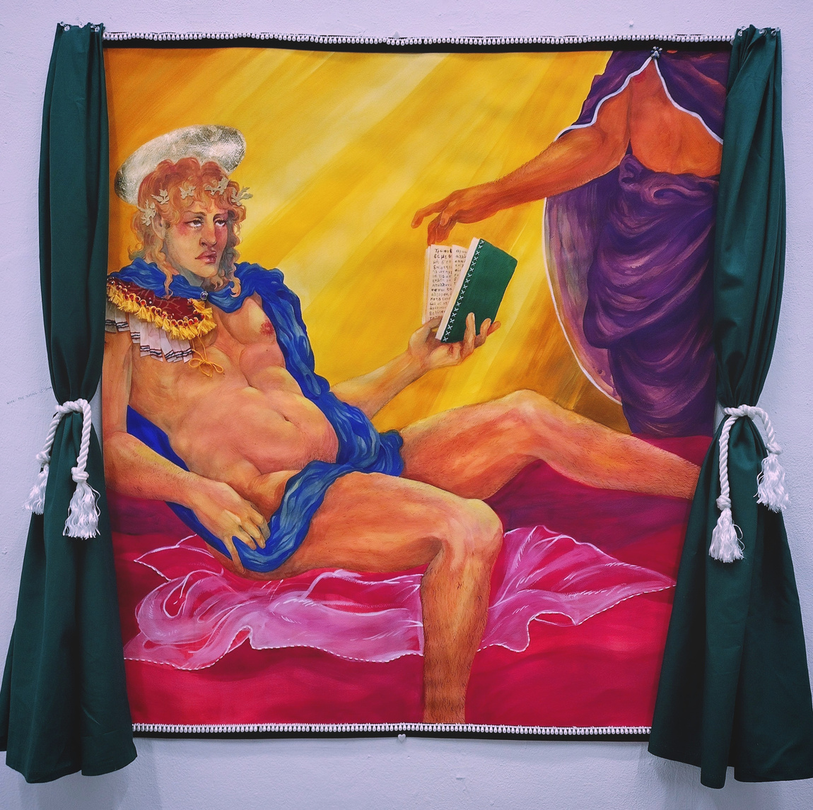 A reclining male figure, Alexander the Great, looks towards a figure that is mostly out of frame. Alexander wears traditional Mycenaean clothing. The out of frame figure in handing him a book. Bright yellow and pink makeup the background.