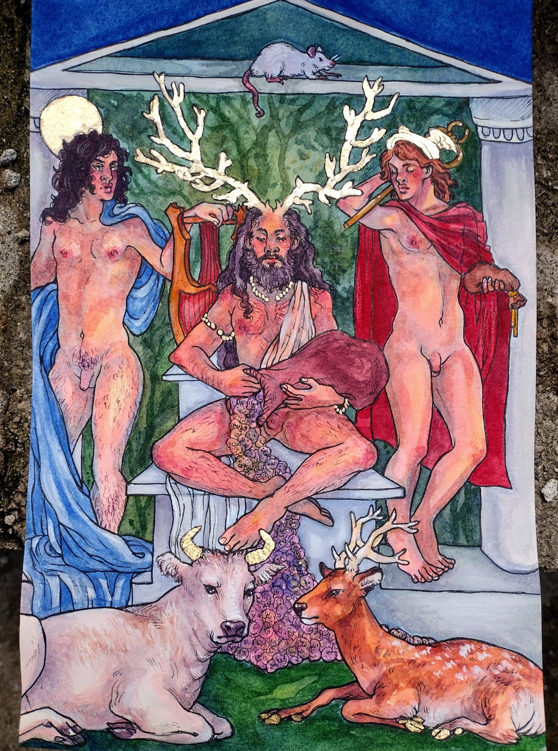 Three figures, Apollo, Cernunnos, and Hermes are centered in the painting. Apollo holds a lyre and has a fabric draped over his shoulder. Cernunnos is seated and holds a bag of grain. A white cow and a deer lay at his feet. Hermes wears a winged helm