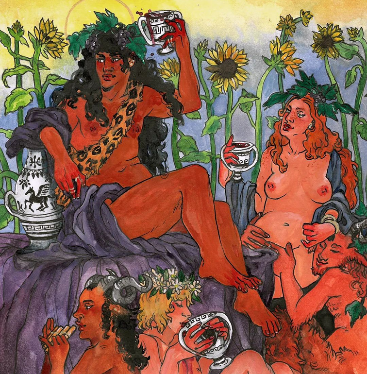 A group of people surrounded by sunflowers are enjoying music and wine. Dionysus sits in the middle wearing a jaguar fur, and holding a cup of red wine. He is flanked by naked women and saytrs who are either drinking or paying instruments.