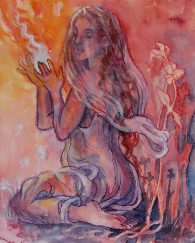 Painting of a seated female figure. She is sitting on the ground with her arms held in front of her. Fire is coming off her fingertips. There are various plants coming from the ground that frame her figure such as grass and dandelions.