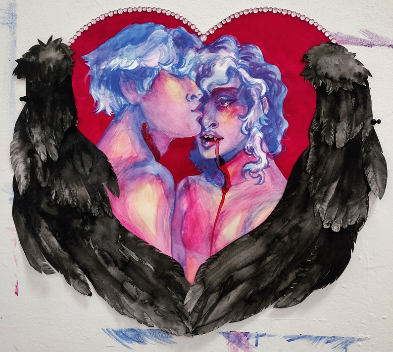 Portrait of two figures framed in a basic heart design and black wings. They are embracing, one is kissing the others face. Their skin and hair is done in unnatural tones of bright pink and blue. The background is decorated by 3D sequins.