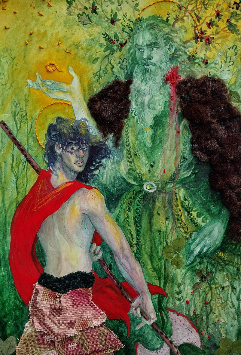 Two figures face each other. One is significantly taller, and looks down on the other. The tallerfigure is green and covered in natural fibres and foliage. The other wears red clothing and holds onto an axe. The shorter figure is pale with dark hair.