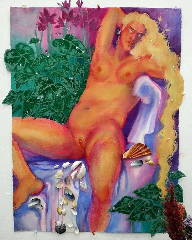 A female figure, Aphrodite, is central in the painting. She lounges against a marble pillar and is surrounded by seashells and cyclamen flowers. She is nude with her genitals on full display. She makes direct eye contact with the viewer.