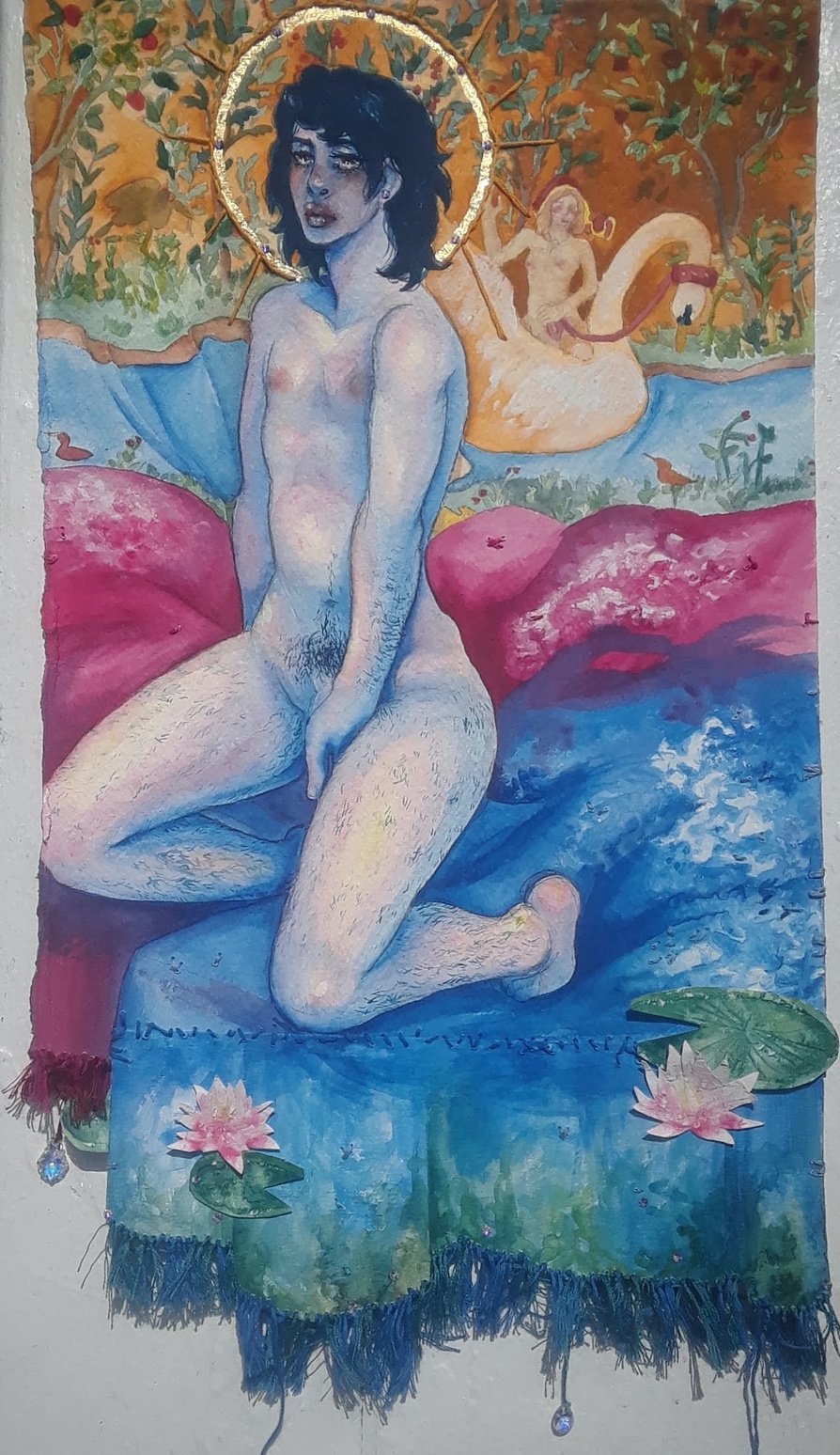 A pale nude figure sits on his knees the center of the painting. He has dark hair and a golden halo. He sits on blue and magenta plush fabrics. A medieval tapestry of foliage and birds takes up the wall behind him.